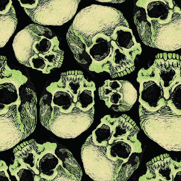 Vector afbeelding van naadloze textuur met schedels op zwarte achtergrond