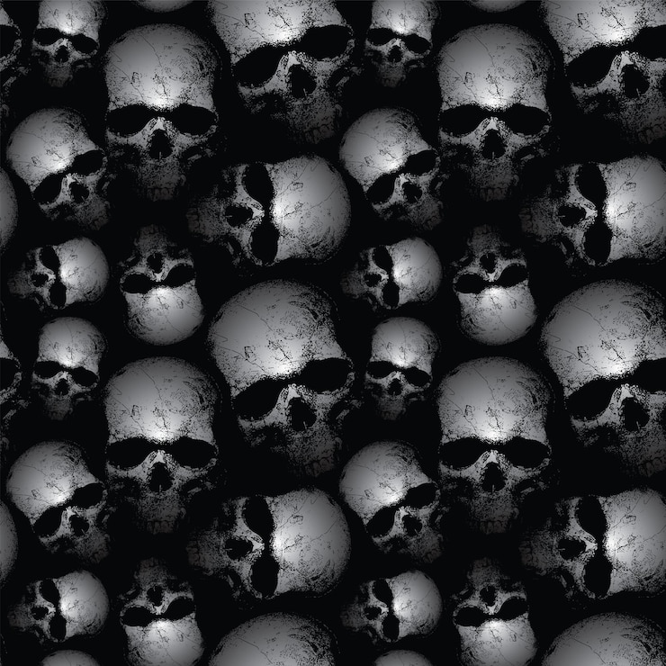 Vector afbeelding van naadloze textuur met schedels op zwarte achtergrond