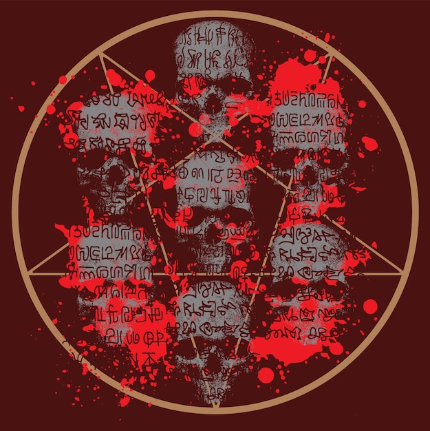 vector afbeelding van schedels op een achtergrond van bloed en pentagrammen met runen gesneden op de schedels