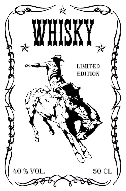 vector afbeelding van vintage label met een cowboy die een wild paard berijdt voor whisky in kunststijl