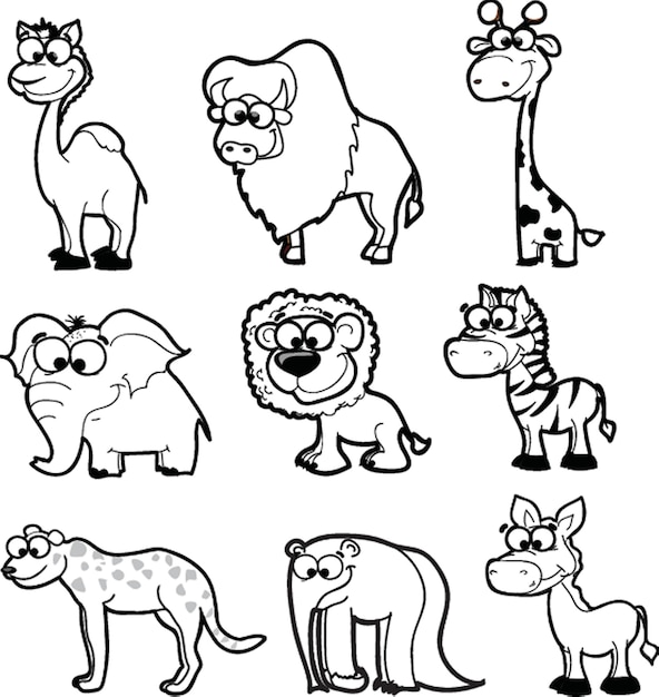 벡터 아프리카 동물 세트 색칠 그림 흑백의 귀여운 동물 컬렉션 어린이 티셔츠 인쇄에 적합