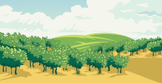 Disegno agricolo vettoriale con piante di uva dietro bellissime montagne