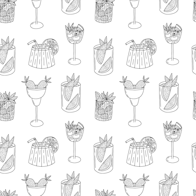 Vector alcoholic cocktails seamless pattern Different long drink summer cocktails pattern