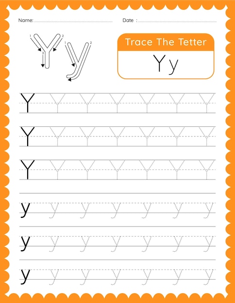Рабочий лист с трассировкой векторной буквы алфавита «Y» для детей