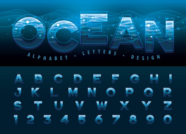Vettore di lettere dell'alfabeto e numeri, linee di increspatura dell'acqua moderna