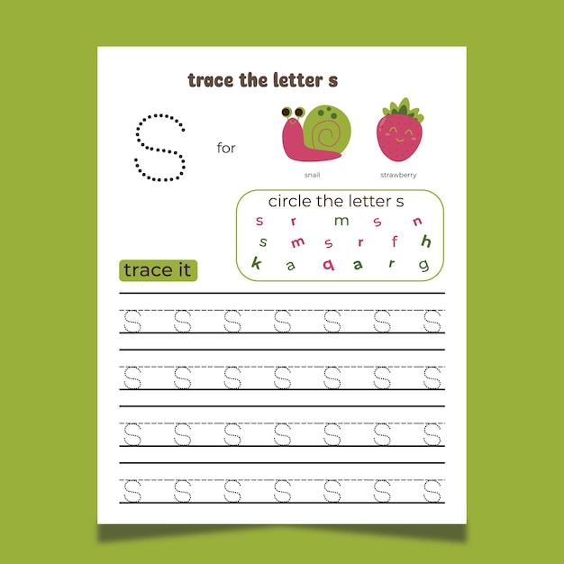 Vector alphabet tracing worksheet with letter and vocabulary