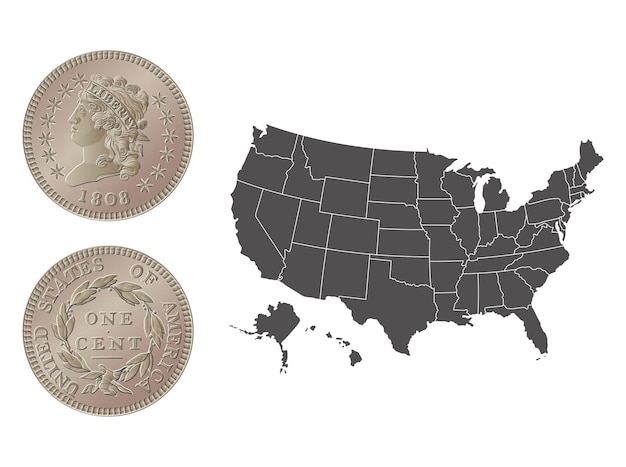 Vettore moneta vettoriale americana di un centesimo 1808-1814 illustrazione vettoriale isolata sulla mappa degli stati uniti