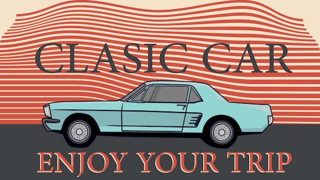 Vector american muscle car on the background of a striped retro vintage in the style of the 80s