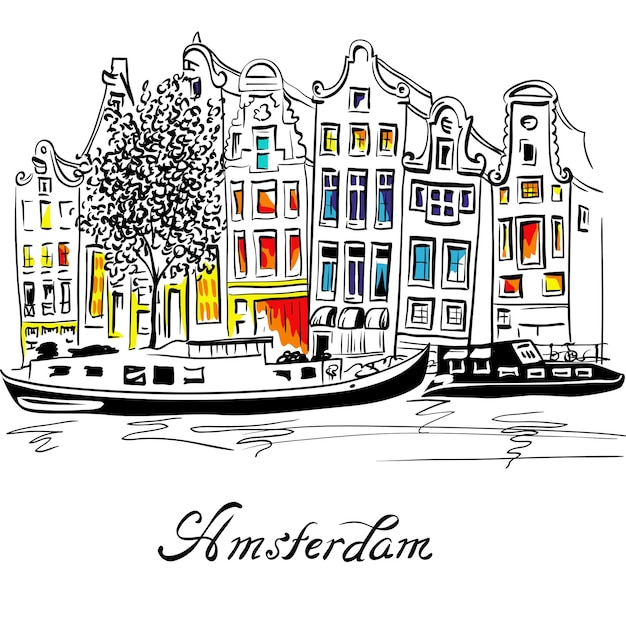 Vector Amsterdam canal and typical dutch houses