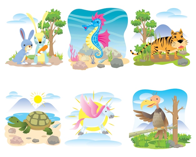 Vector animal set, rabbit, seahorse, tiger, turtle, horse, unicorn,