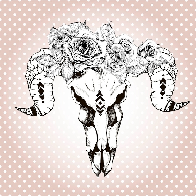 Vector vector animal skull wearing floral crown. hand drawn.