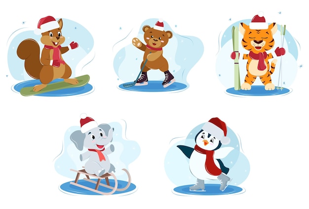 vector animals are engaged in winter sports, squirrel, bear cub, tiger cub, elephant, penguin 