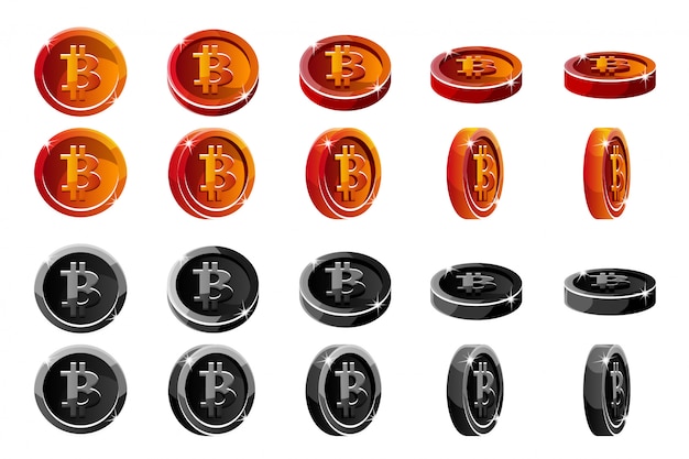 Monete di bitcoin 3d rosse e nere di rotazione di animazione di vettore. valute digitali o virtuali e contanti elettronici.