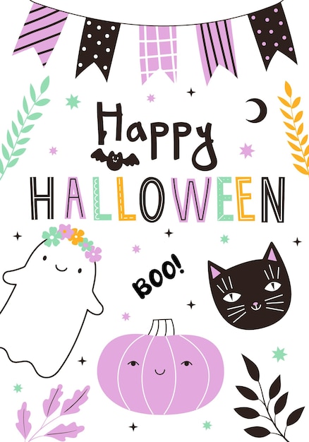 Vector ansichtkaart met schattige pastel halloween doodles Hand getekende magische karakters