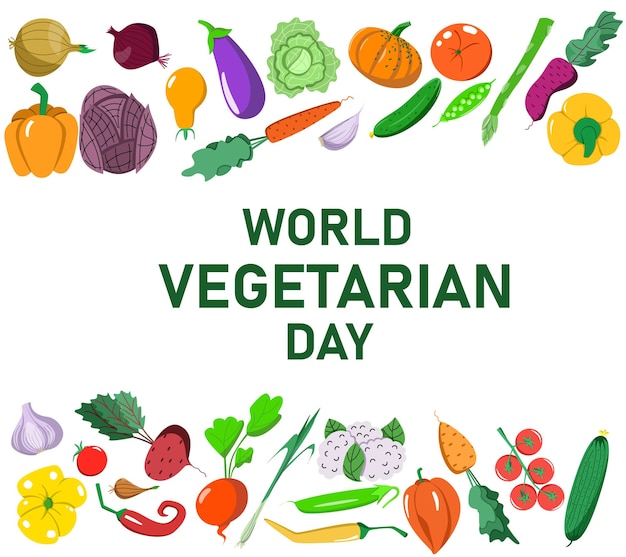 Vector ansichtkaart van de wereld vegetarische dag in een vlakke stijl voedsel boven en onder