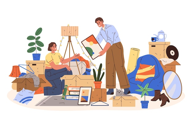 Vector apartment moving or home relocation flat image of family unpacking goods in new house