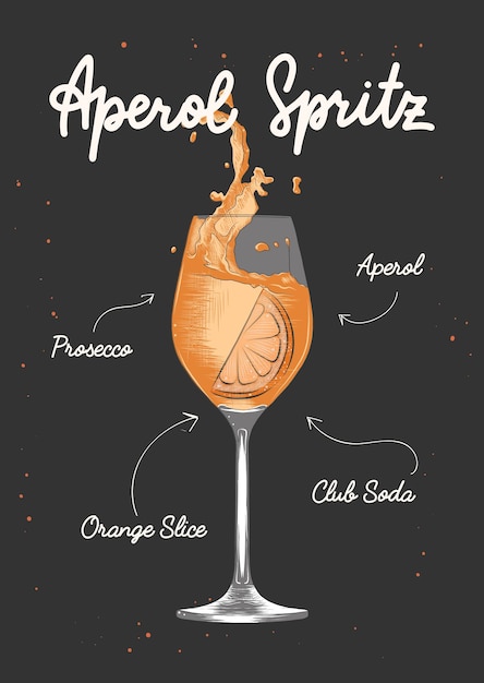 벡터 Aperol Spritz 알코올 칵테일 스케치와 레터링 및 레시피 음료 재료