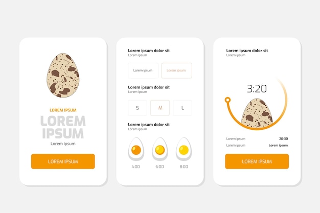 Vector app-ontwerp voor het koken van eieren met timer en eiersoorten