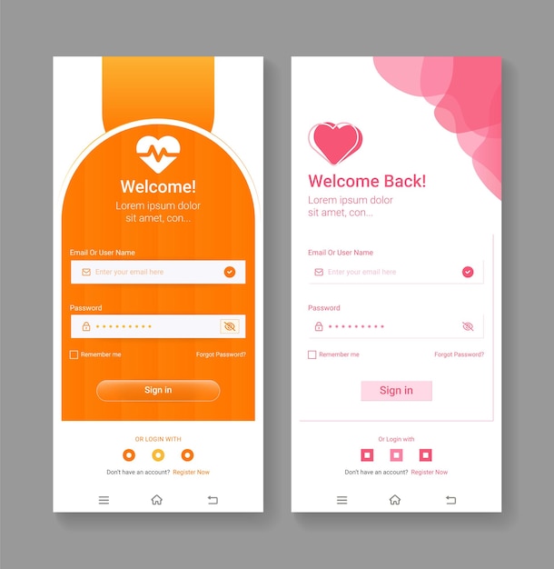 Vector app ui design login page templates login screen for unique app sign in or online login form