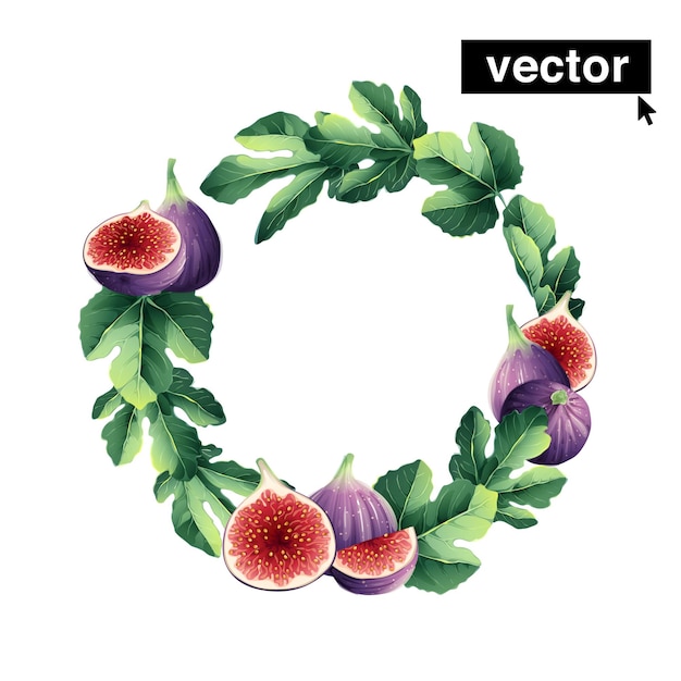 Vector aquarel handgetekende illustratie. botanische krans van vers rijp paars vijgenfruit en plakjes met blad. perfect voor uitnodigingen, wenskaarten, prenten, posters, verpakking, enz.