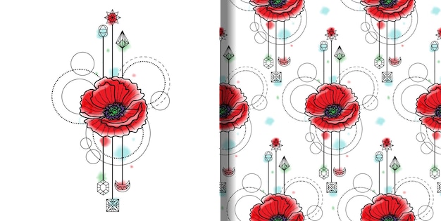 Vector aquarel Poppy print en naadloos patroon