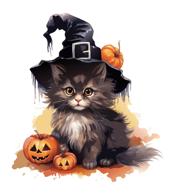 Vector aquarel zwarte kat met hoed en pompoen zwarte halloween kat illustratie op witte achtergrond