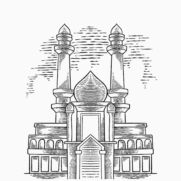 Векторный арабский фон с нарисованной вручную большой мечетью. Красивые элементы дизайна поздравительных открыток. Арабская религия и культура.