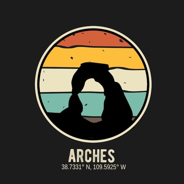 vector of arches national park silhouette with vintage retro color perfect for print appare etc