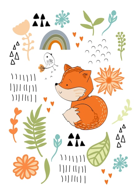 Vector arrangement with fox woodland decoration on a white background nursery poster