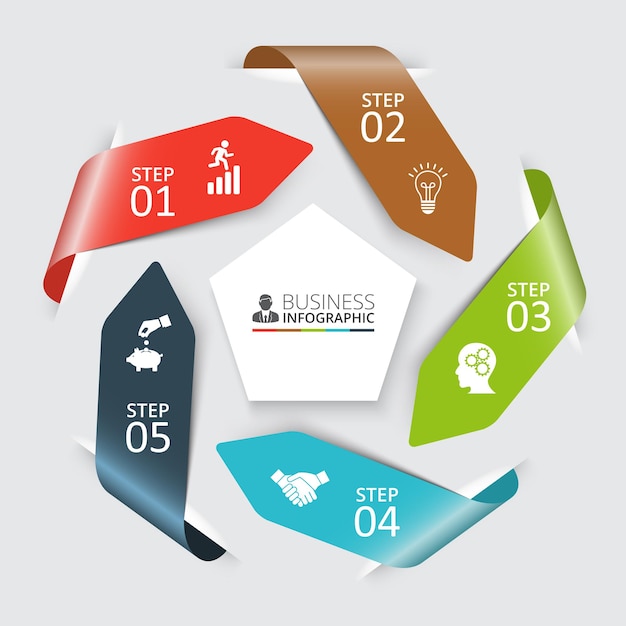 Frecce vettoriali per infografica. modello per diagramma del ciclo, grafico, presentazione e grafico rotondo. concetto di business con 5 opzioni, parti, passaggi o processi. sfondo astratto.