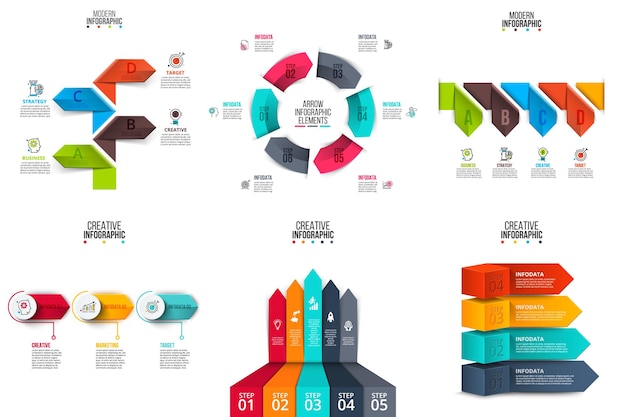 Vector arrows infographics elements set with 3 4 5 and 6 options parts steps or processes