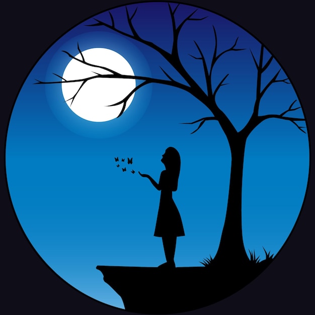 Vector vector art of a beautiful full moon night landscape a girl and butterfly vector illustration