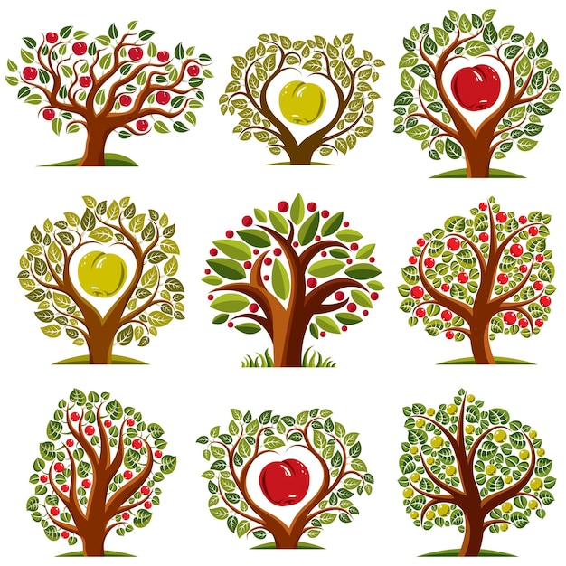 ベクトル アートには、熟したリンゴの木が描かれています。収穫シーズンのアイデア エコ シンボルは、エコロジーと環境保全の概念として使用できます。