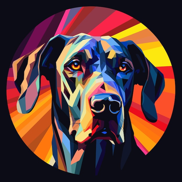 Vector vector art of a great dane dog cubist style inside a circular frame on a black background