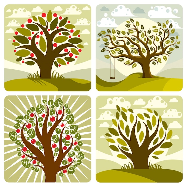 Vector art green fruity trees with swing on beautiful cloudy\
spring landscape. setting sun with sunbeams view, season theme\
illustrations collection.