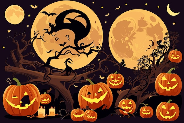 vector art halloween witch pumpkin spider illustration horror candlelight spooky background bat des