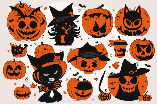 Arte vettoriale halloween strega zucca ragno illustrazione horror a lume di candela sfondo spettrale pipistrello