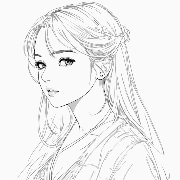 a vector art handdrawn pencil of a beautiful cute girl sketch illustration