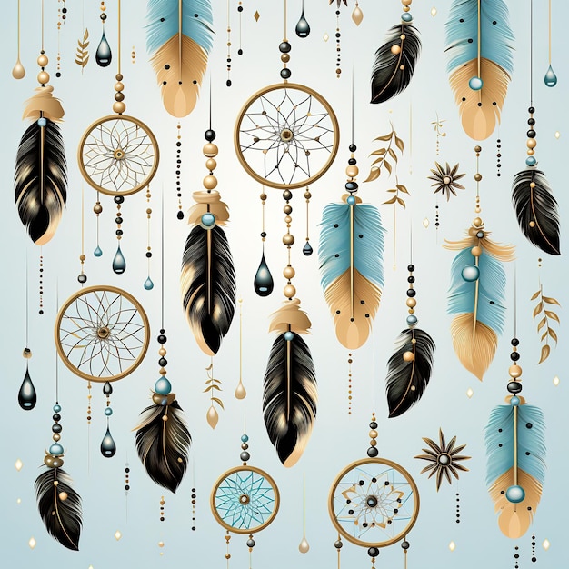 Vector art illustration beautiful background of feathers with dream catcher