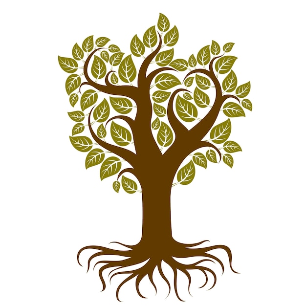 강한 뿌리를 가진 가지가 많은 나무의 벡터 아트 그림입니다. 생명의 나무 상징적 그래픽 이미지, 환경 보호 테마.