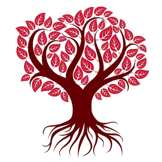 Vector vector art illustration of branchy tree with strong roots. tree of life symbolic image, ecology conservation theme.