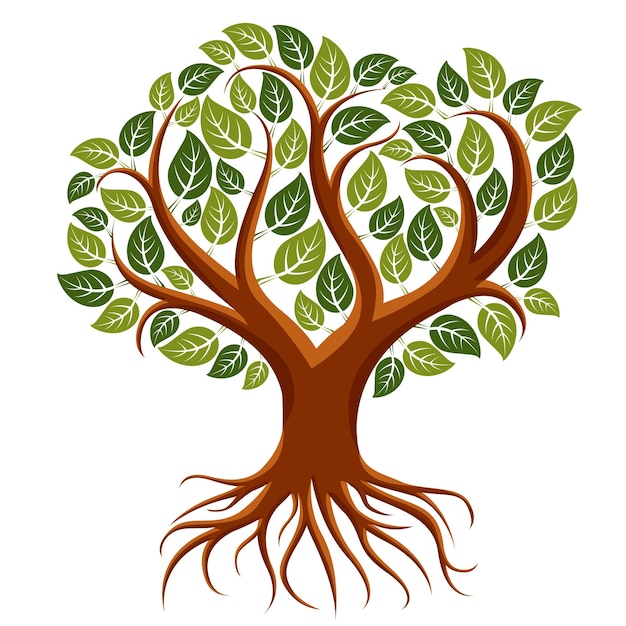 Vector art illustration of branchy tree with strong roots. Tree of life symbolic image, ecology conservation theme.