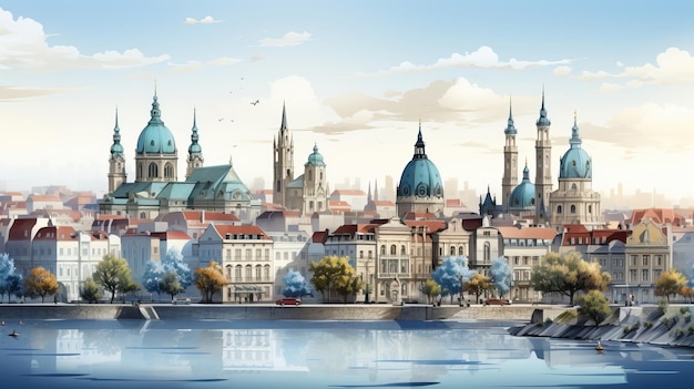 ベクトル ベクトルアート リアルな漫画 シティビュー 首都 白い背景の海景 eps kobenhavn rom