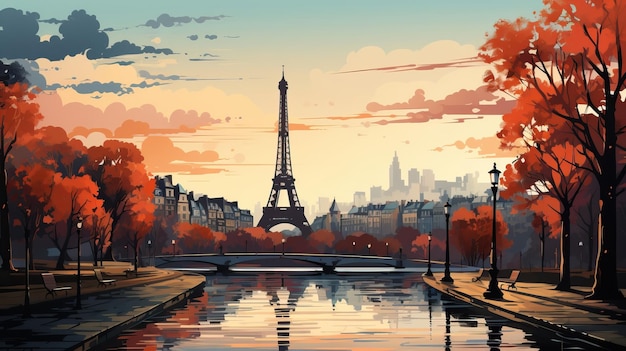 Vector Art Realistisch Flat Design Landschap Metropolis Zonsondergang op witte achtergrond eps paris fran