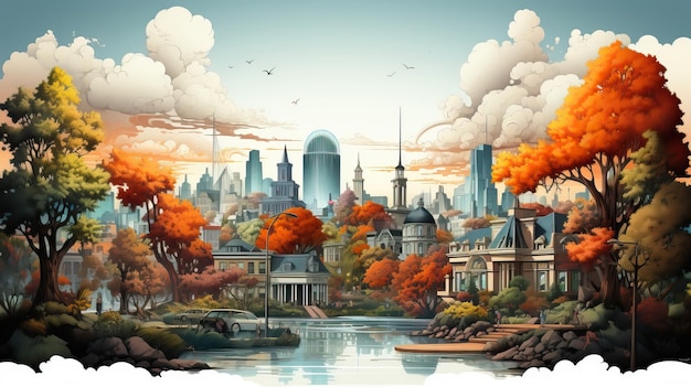 Vettore vector art watercolor 3d city view metropolis sunrise su sfondo bianco eps paesaggio di cartoni animati