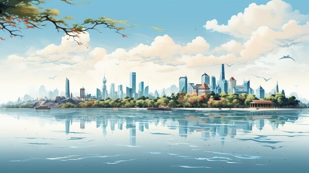 Vector vector art watercolor 3d landscape metropolis seascape on white background eps background illus