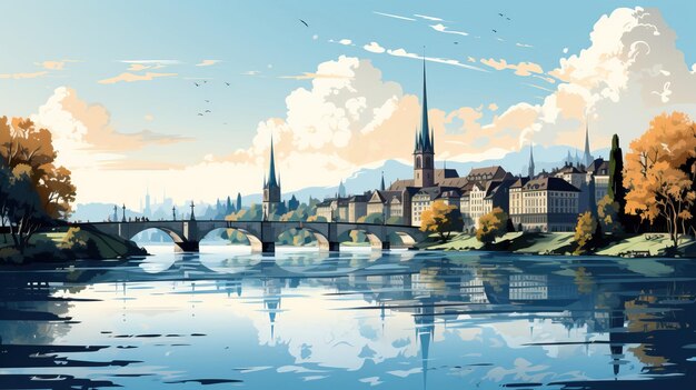 Vector vector art watercolor isometric city view metropolis sunrise on white background eps town squar