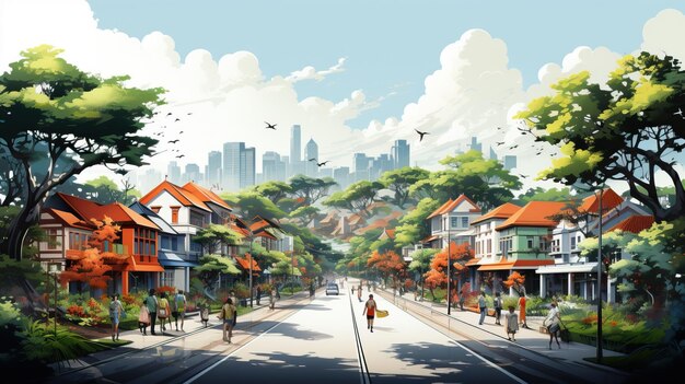 Vector vector art watercolor isometric landscape metropolis sunset on white background eps landscape i