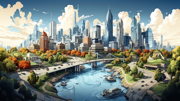 Vector art waterverf 3d landschap metropolis zonsondergang op witte achtergrond eps paris france pari