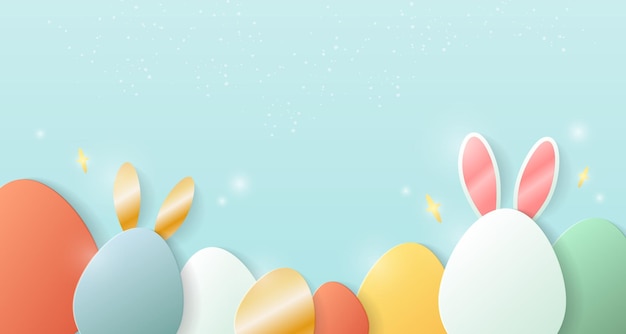 Vector art with cute Easter eggs with rabbit ears and flares in cartoon style Vector background